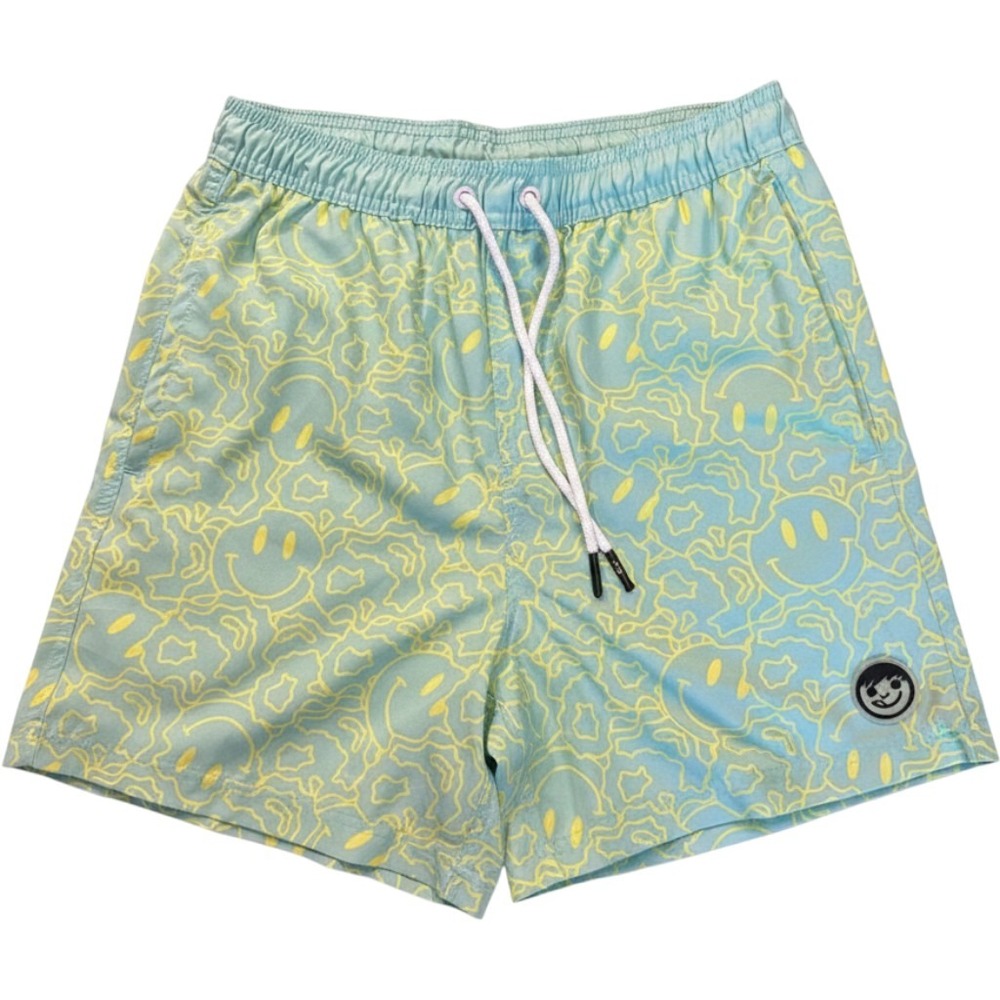 Neff Mens Swim Trunks Medium Blue Yellow Smiley Face Print Drawstring Shorts